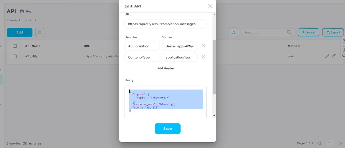 Botnoi API body settings passing the user's message as the topic input